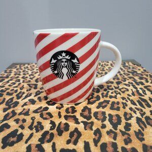Starbucks Candy Cane Striped Coffee Mug Red and White With Black Logo 12oz
